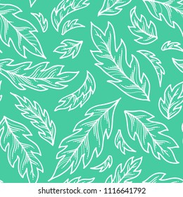 Vector seamless pattern of leaves. Linear pinnate leaves on green background. Bright summer boundless background. Tileable design element.
