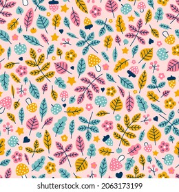 Vector seamless pattern with leaves, mushrooms, flowers and acorns. Cute childish background. Autumn illustration.