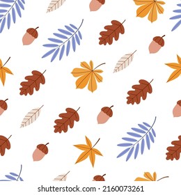 Vector seamless pattern with leaves of oak, rowan, maple and acorns. Flat vector illustration.