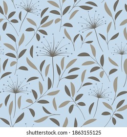 Vector seamless pattern with leaves on a blue background. The seamless pattern is suitable for fabrics, covers, wallpapers, books, decor, etc.