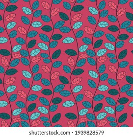 Vektornahtloses Muster von Blättern auf Linien im Kontrast zu violett und blau-grün Farbschema