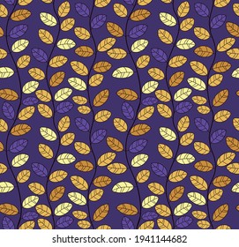 vector seamless pattern of leaves on lines in contrast dark purple and yellow color scheme, cartoon and stylized leaves