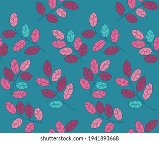 vector seamless pattern of leaves on branches in rose and green scheme, funny and cartoon colour scheme