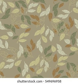 Vector seamless pattern of leaves on pale green background. For textile or book covers, manufacturing, wallpapers, print, gift wrap and scrapbooking