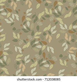 Vector seamless pattern of leaves on pale green background. for textile or book covers, wallpapers, design, graphic art, printing, hobby, invitation.