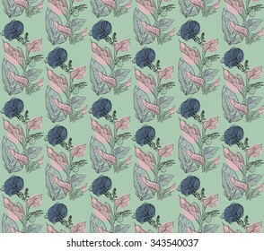 Vector Seamless Pattern Leaves Plant Flower Malva with Blue Blossom on Menthol Background