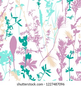Vector seamless pattern with leaves and plants silhouettes, floral background