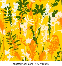 Vector seamless pattern with leaves and plants silhouettes, floral background