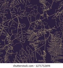 Vector seamless pattern with leaves and plants silhouettes, floral background