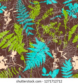 Vector seamless pattern with leaves and plants silhouettes, floral background