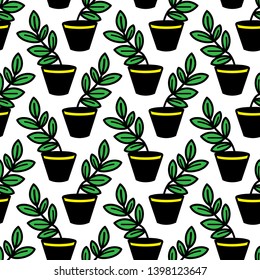Vector seamless pattern with leaves in pots