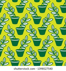 Vector seamless pattern with leaves in pots