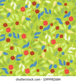 Vector seamless pattern of leaves and red flowers on green grass background. For textile or book covers, manufacturing, wallpapers, print, gift wrap and scrapbooking.