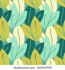 Vector seamless pattern with leaves, repeatable minimalistic background. Repeatable botanical backdrop. Green geometric tea leaves motif.