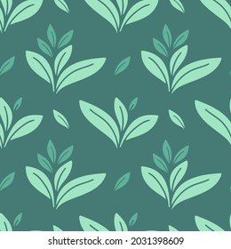 Vector seamless pattern with leaves, repeatable minimalistic background. Repeatable botanical backdrop. Green geometric tea leaves motif.