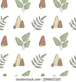 Patrón vectorial sin fisuras con hojas y piedras. Bonita ilustración para papel pintado, fondo, embalaje, tela, textil.