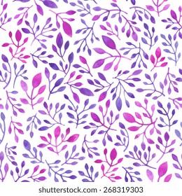 Vector seamless pattern. Leaves texture. Watercolor painting. Hand drawn illustration. Template for textile fabric design. Dark pink, purple, blue, white colors.  