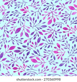 Vector seamless pattern. Leaves texture. Watercolor painting. Hand drawn illustration. Template for textile fabric design. Dark pink, purple, blue colors.  