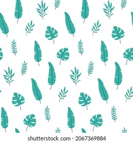 Vector seamless pattern with leaves of tropical plants on a white background
