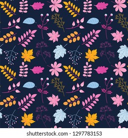 Vector seamless pattern with leaves and twigs in yellow, pink and blue colors on dark backgound 