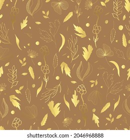 Vector seamless pattern of leaves and twigs. Golden botanical illustration 