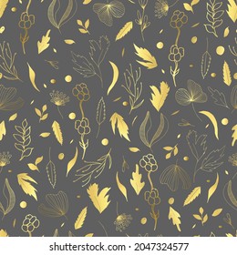 Vector seamless pattern of leaves and twigs. Golden botanical illustration 