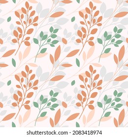 Vector seamless pattern with leaves and twigs on a white colored background. Pattern for fashion and all hand-drawn style prints at your fingertips. Botanical pattern in trendy design style.