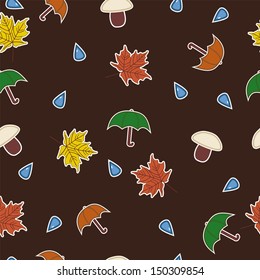Vector seamless pattern with leaves, umbrellas, mushrooms and water drops for your design