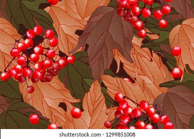 Vector seamless pattern with leaves and viburnum, beautiful floral autumn motives