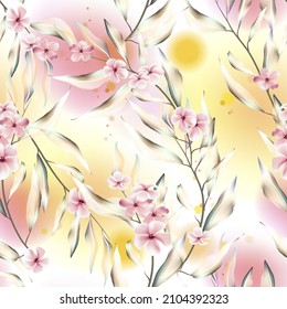 Vector seamless pattern with  leaves and watercolor spring flowers. Botanical background design for cosmetics, spa, textile. Best as wrapping paper, wallpaper.