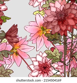 Vector seamless pattern with  leaves and watercolor spring flowers. Botanical background design for cosmetics, spa, textile. Best as wrapping paper, wallpaper.