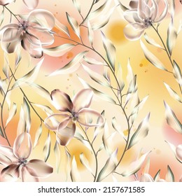 Vector seamless pattern with  leaves and watercolor flowers. Botanical background design for cosmetics, spa, textile. Best as wrapping paper, wallpaper.