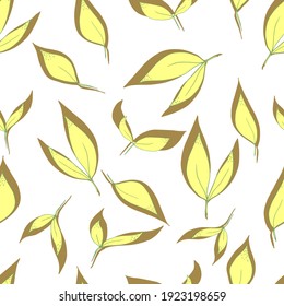 vector seamless pattern of leaves with yellow shadow on white background. For fabrics, textiles, clothing, wallpaper, paper, backgrounds, flyers and invitations