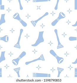 Vector seamless pattern Leg, shaver, shaving foam, cream, file for removing heel skin. Shaving hair removal methods. Beauty concept Depilation instruments, skin care Design for wrapping, fabric, print