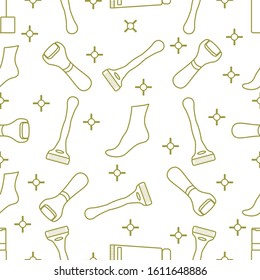 Vector seamless pattern Leg, shaver, shaving foam, cream, file for removing heel skin. Shaving hair removal methods. Beauty concept Depilation instruments, skin care Design for wrapping, fabric, print