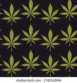 Patrón vectorial sin fisuras para la marihuana legalizada con hojas de cáñamo verdes sobre un fondo negro. Fondo repetible decorativo con hojas de cannabis dibujadas a mano en estilo retro