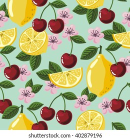 Vector seamless pattern with lemon and cherry
