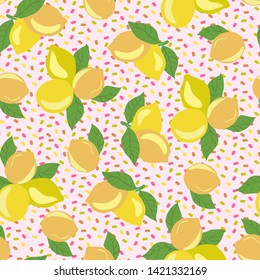 Vector Seamless pattern with lemon and leaves on pink background 