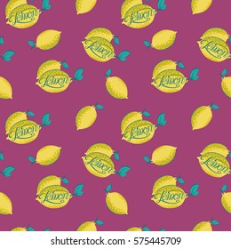 Vector seamless pattern with lemon and lettering text