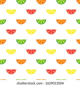 Vector seamless pattern with lemon, lime, orange slices. Citrus on white background. Summer theme. Fruits.