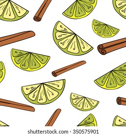 Vector seamless pattern with lemon, lime and cinnamon. Hand drawn image. Ideal for banners, menu,backgrounds, textile, paper, sites etc