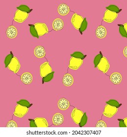 Vector seamless pattern with lemon, one line and abstract spots. Print for children and adults clothing, textiles, stationery.