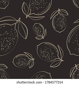 Vector seamless pattern of lemon silhouette on a dark brown background. For printing on fabrics, packaging, napkins, various backgrounds.