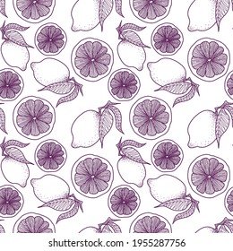 Vector seamless pattern with lemon and slice lemon in sketch style for fabrics, paper, textile, gift wrap isolated on white background 