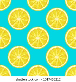 Vector seamless pattern of lemon slices on bright blue background. Summer citrus background