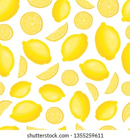 Vector seamless pattern with  lemon slices, bright yellow citrus fruit on white background, healthy breakfast, natural vegan food. Endless texture. Flat style. Illustration menu design