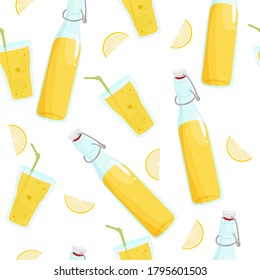 Vector seamless pattern with lemonade glass and lemons. Summer background