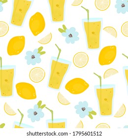 Vector seamless pattern with lemonade glass and lemons. Summer background