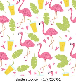 Vector seamless pattern with lemonade glass, tropical leaves and flamingo. Summer background