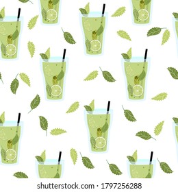 Vector seamless pattern with lemonade glass, lemons and flowers. Summer background